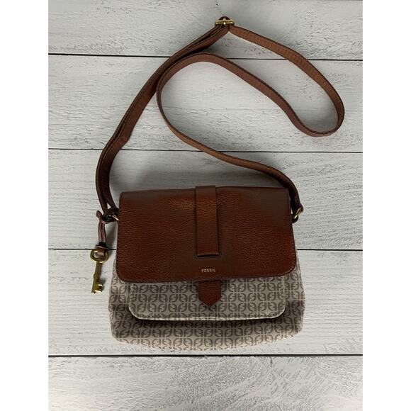 Fossil Women's Brown Leather Printed Fabric Crossbody Cute Shoulder Bag Purse - Picture 1 of 15